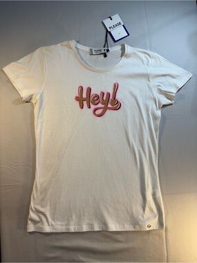 Please Women’s Hey!' Graphic T‑Shirt in White with Pink Accent
